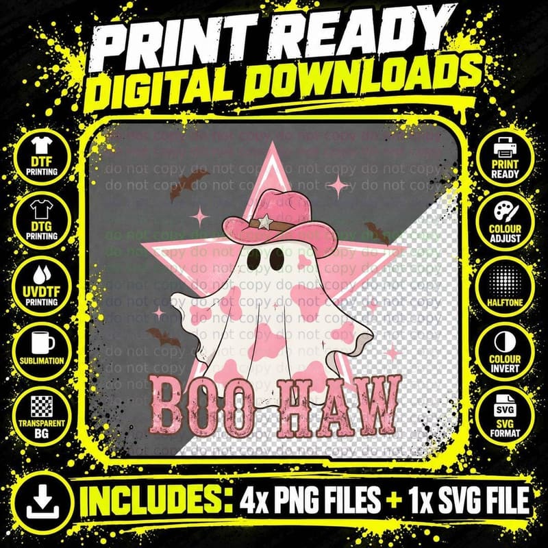 Boo'haw Halloween T-Shirt, Ghost Cowboy Hat Western Png SVG Digital Bundle