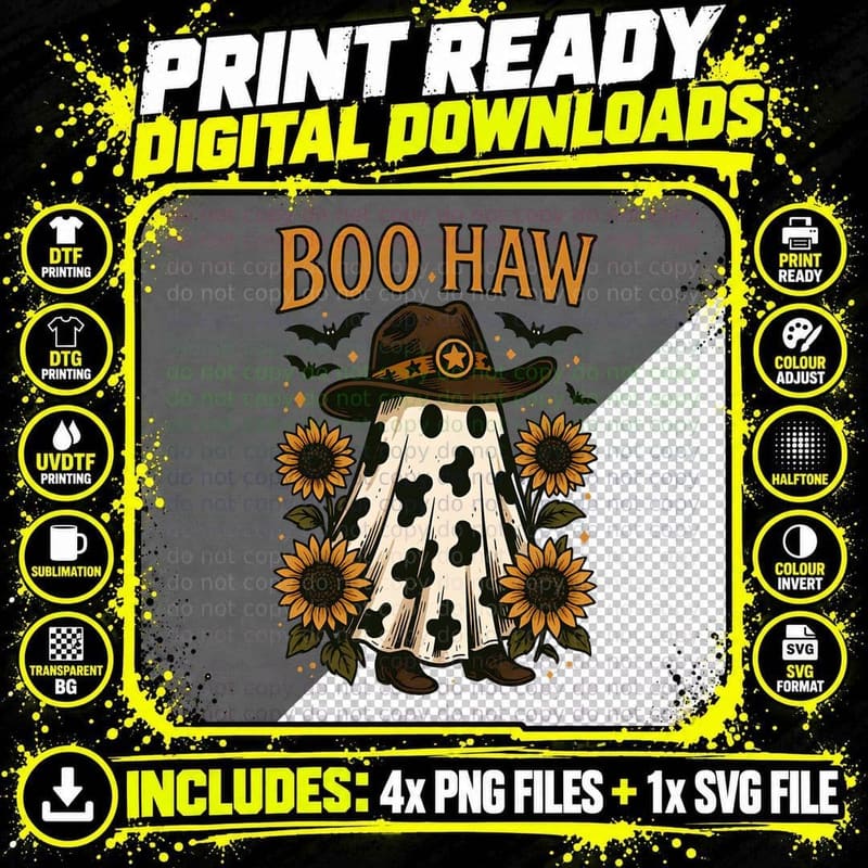 Boo.haw Halloween T-Shirt, Ghost Cow Hat Variant Spooky Png SVG Digital Bundle