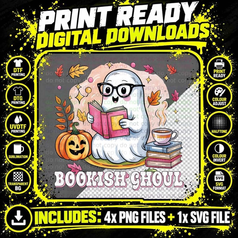 Book Is Ghoul Halloween T-Shirt, Ghost Reading with Png SVG Digital Bundle