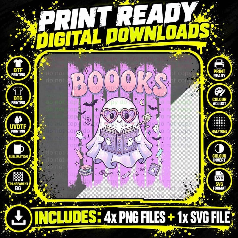 Books Halloween T-Shirt, Ghost Reading Purple Book Png SVG Digital Bundle