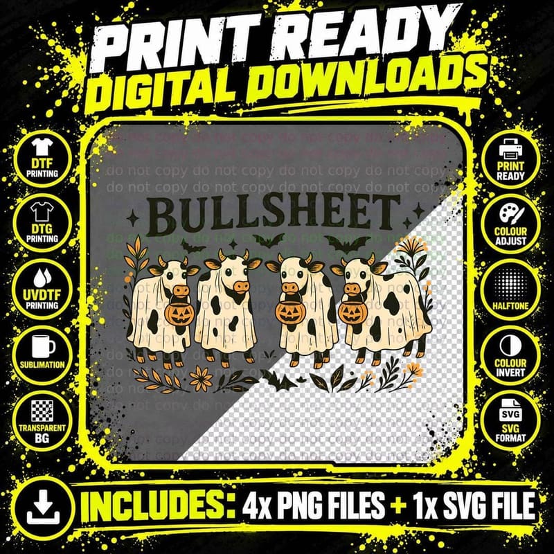 Bullsheet Halloween T-Shirt, Cows Dressed Ghost Costumes Png SVG Digital Bundle