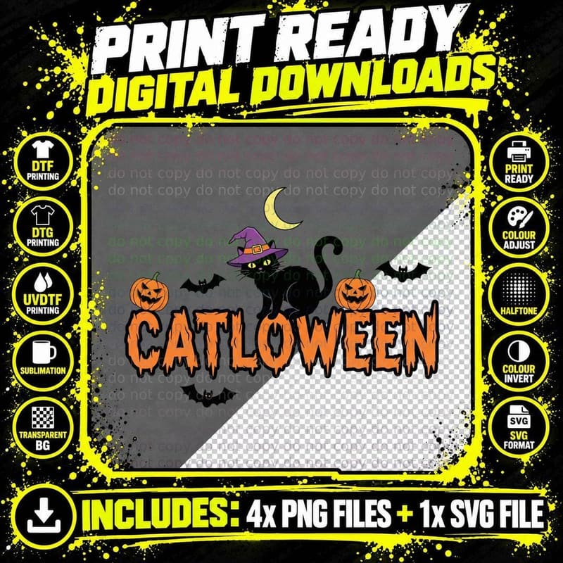 Catloween Funny Halloween T-Shirt, Halloween Cat in Png SVG Digital Bundle