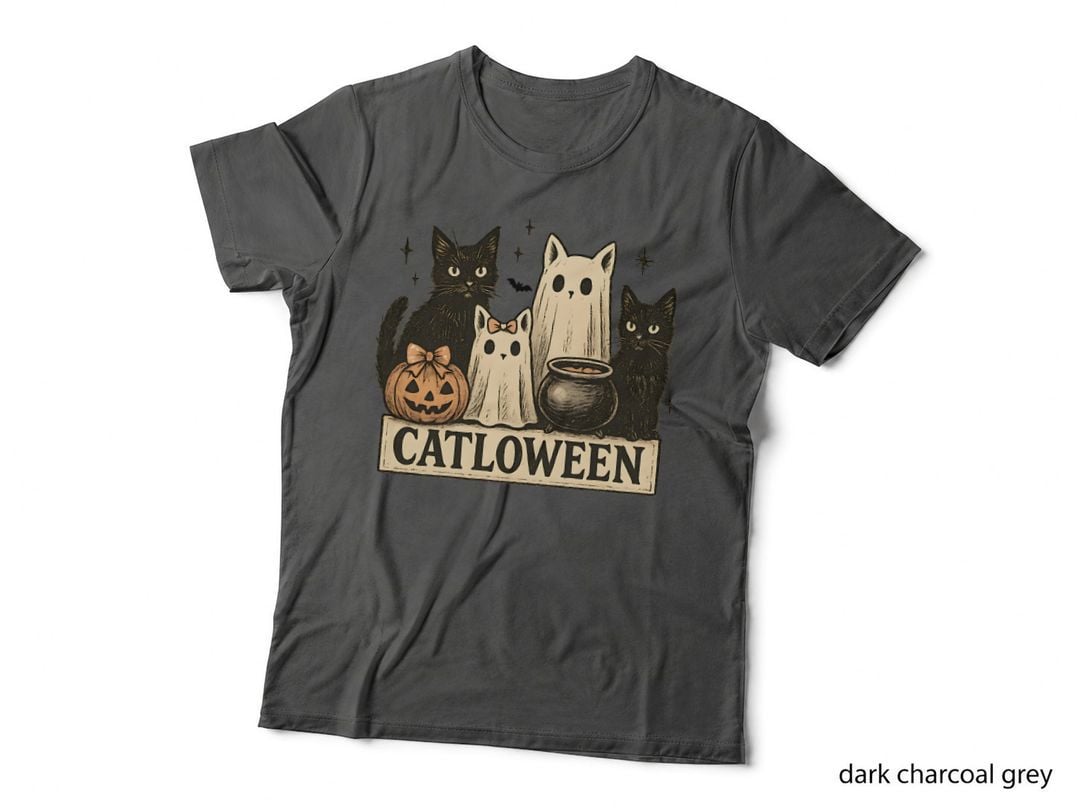 Catloween Funny Halloween T-Shirt, Spooky Cats with Jack-O'-Lanterns Graphic