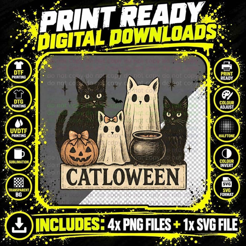 Catloween Funny Halloween T-Shirt, Spooky Cats with Png SVG Digital Bundle