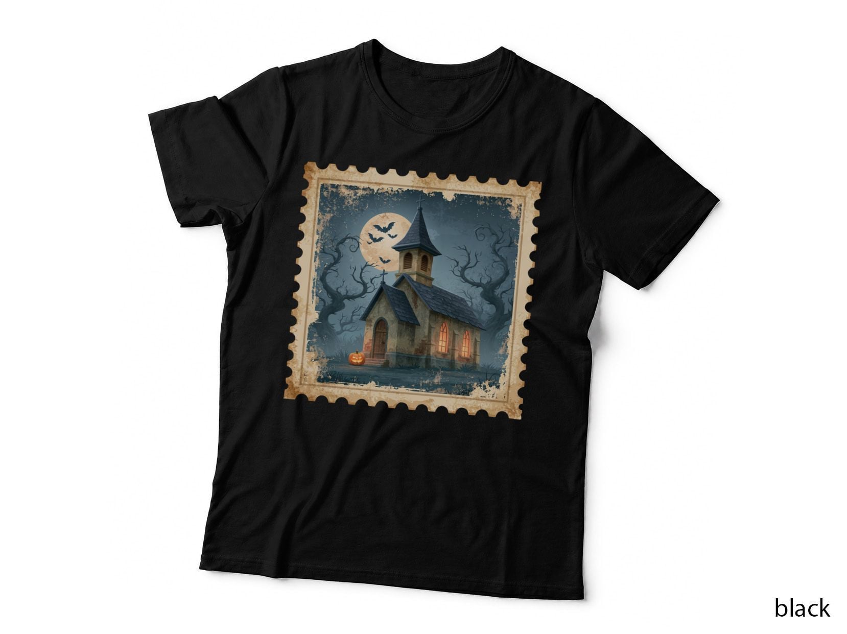 Chapel Tower Moon Bats Pumpkin Halloween T-Shirt, Spooky Season Graphic Tee