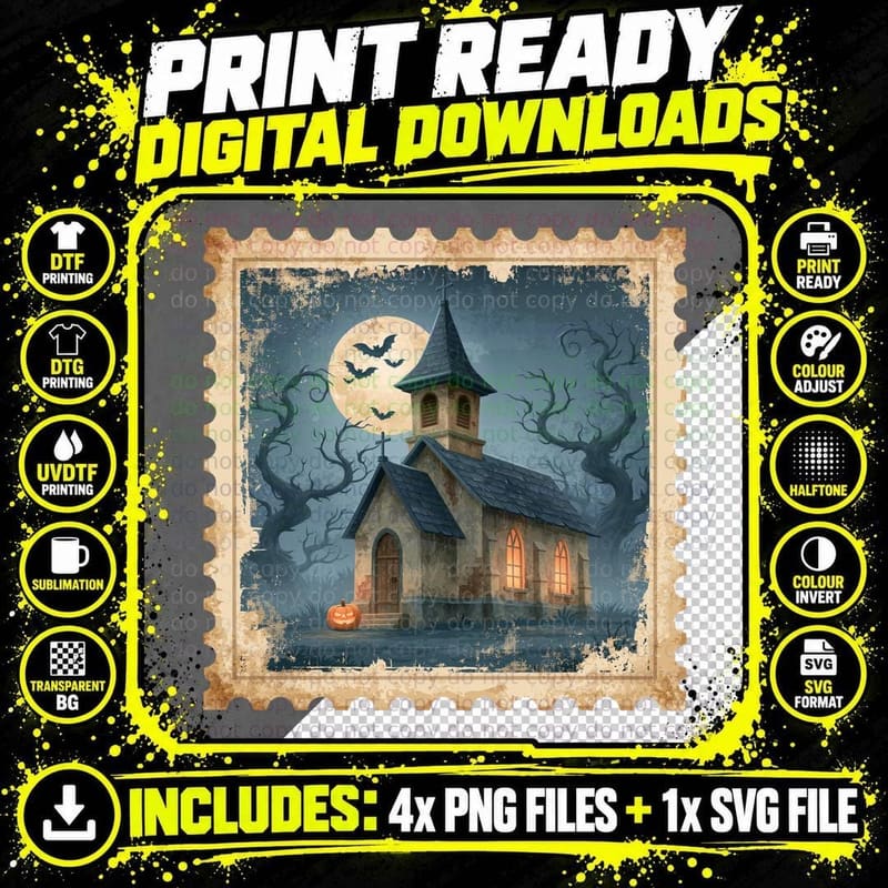 Chapel Tower Moon Bats Pumpkin Halloween T-Shirt Png SVG Digital Bundle