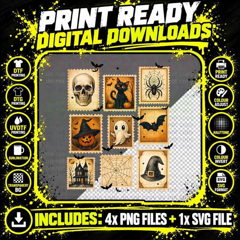 Classic Halloween Postage Stamps Halloween T-Shirt Png SVG Digital Bundle