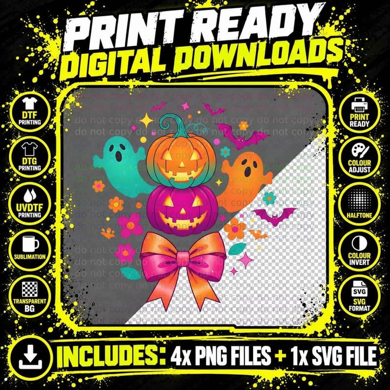 Colorful Jack-O-Lanterns with Ghosts Halloween T-Shirt Png SVG Digital Bundle
