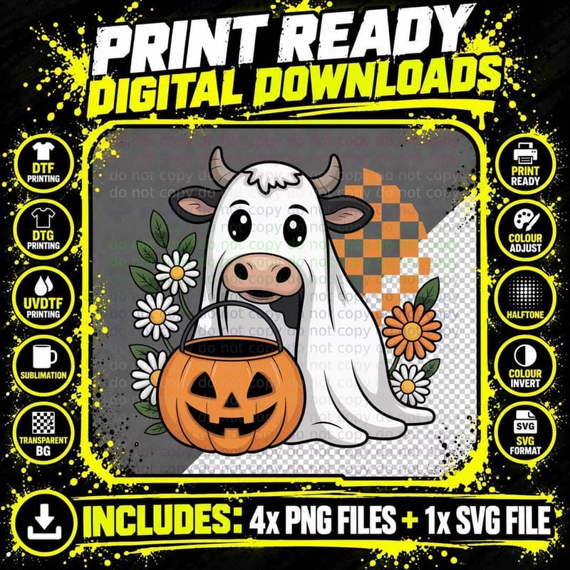 Cow Ghost Holding Pumpkin Halloween T-Shirt Png SVG Digital Bundle
