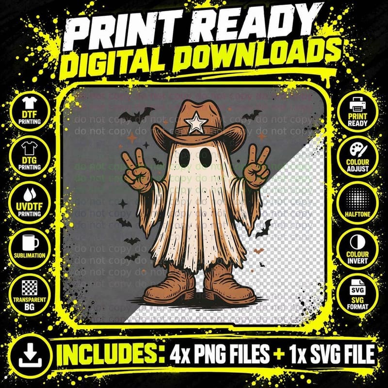 Cowboy Skeleton Making Peace Signs Halloween T-Shirt Png SVG Digital Bundle