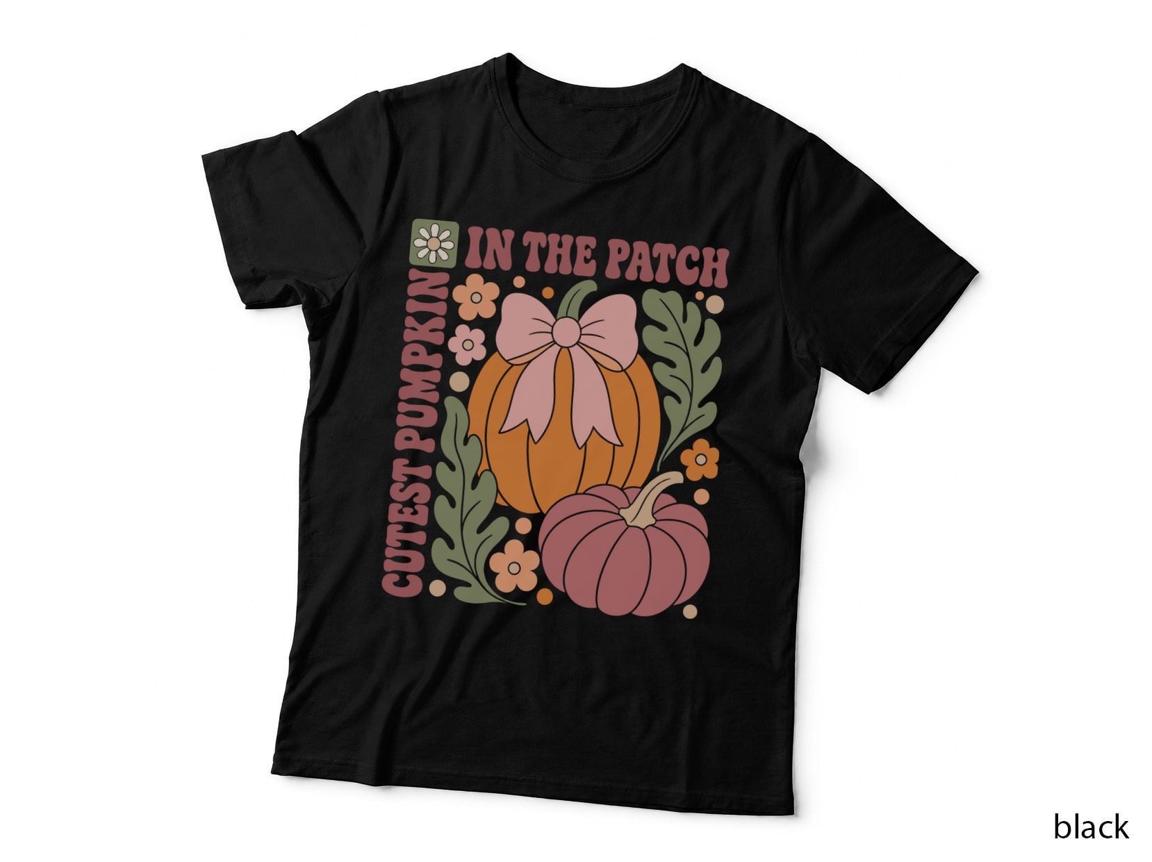 Cozy Pumpkin in the Patch Halloween T-Shirt, Pumpkin Pink Bow Flowers Cute