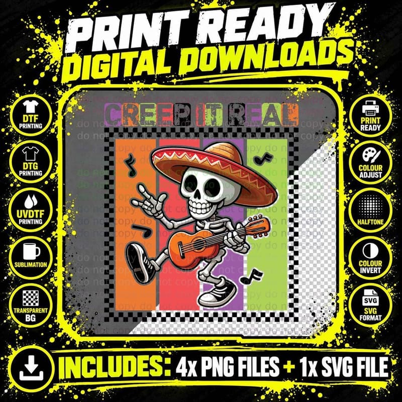 Cree up Eat Halloween T-Shirt, Skeleton Sombrero Guitar Png SVG Digital Bundle