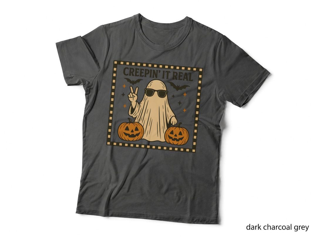 Creepin' It Real Halloween T-Shirt, Ghost Wearing Sunglasses with Pumpkins