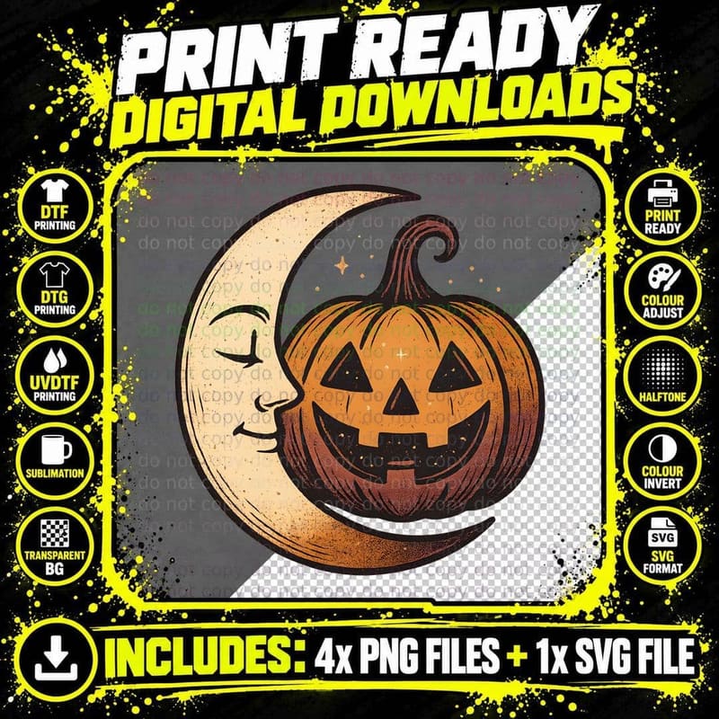 Crescent Moon with Jack-O-Lantern Halloween T-Shirt Png SVG Digital Bundle