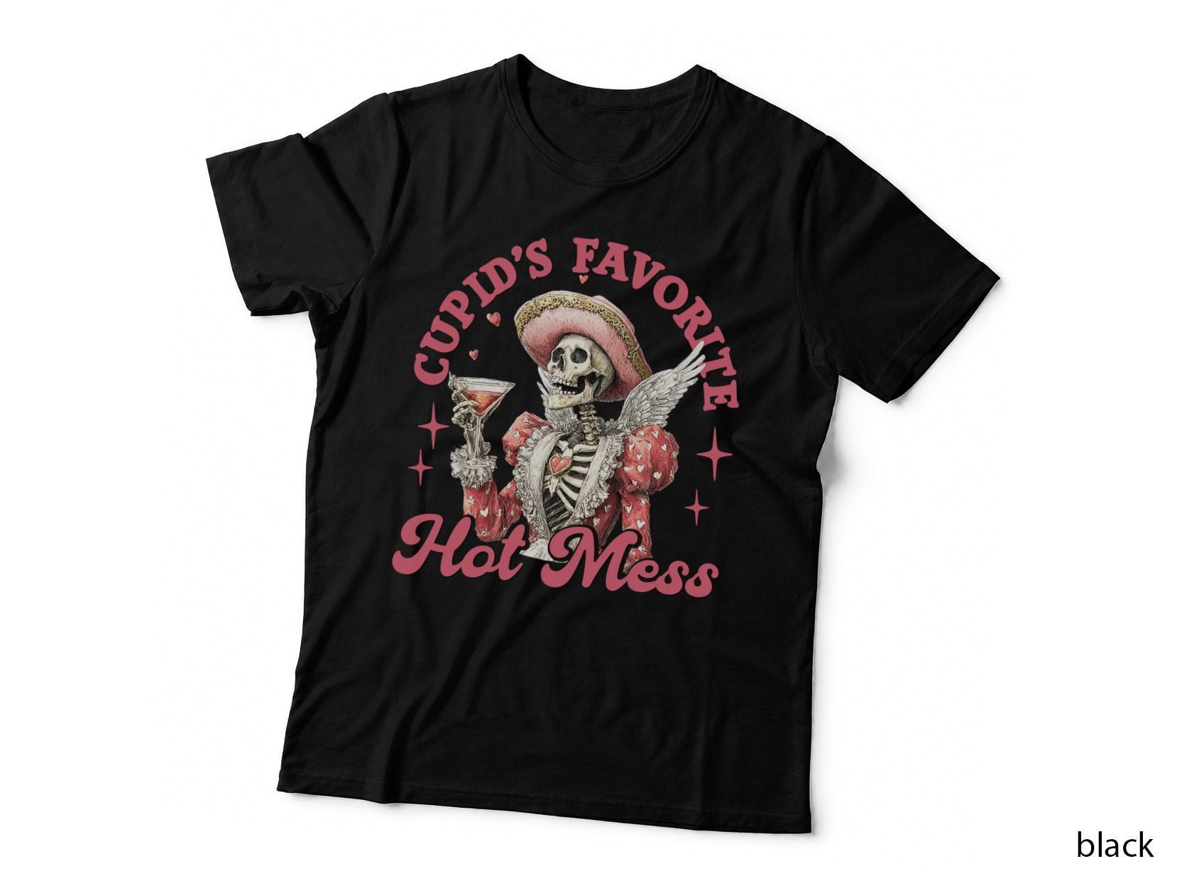 Cupid's Favorite Hot Mess Funny Skull T-Shirt, Skeleton in Sombrero Holding