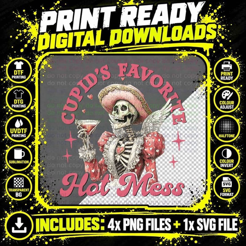 Cupid's Favorite Hot Mess Funny Skull T-Shirt Png SVG Digital Bundle