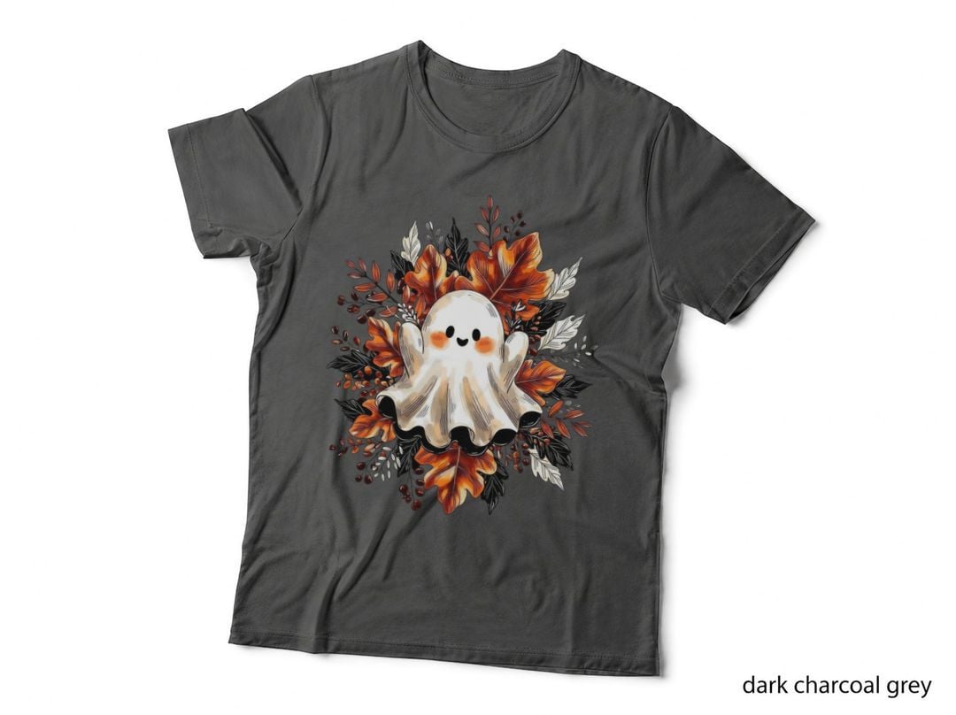 Cute Ghost Autumn Leaves Backdrop Halloween T-Shirt, Spooky Season Graphic Tee