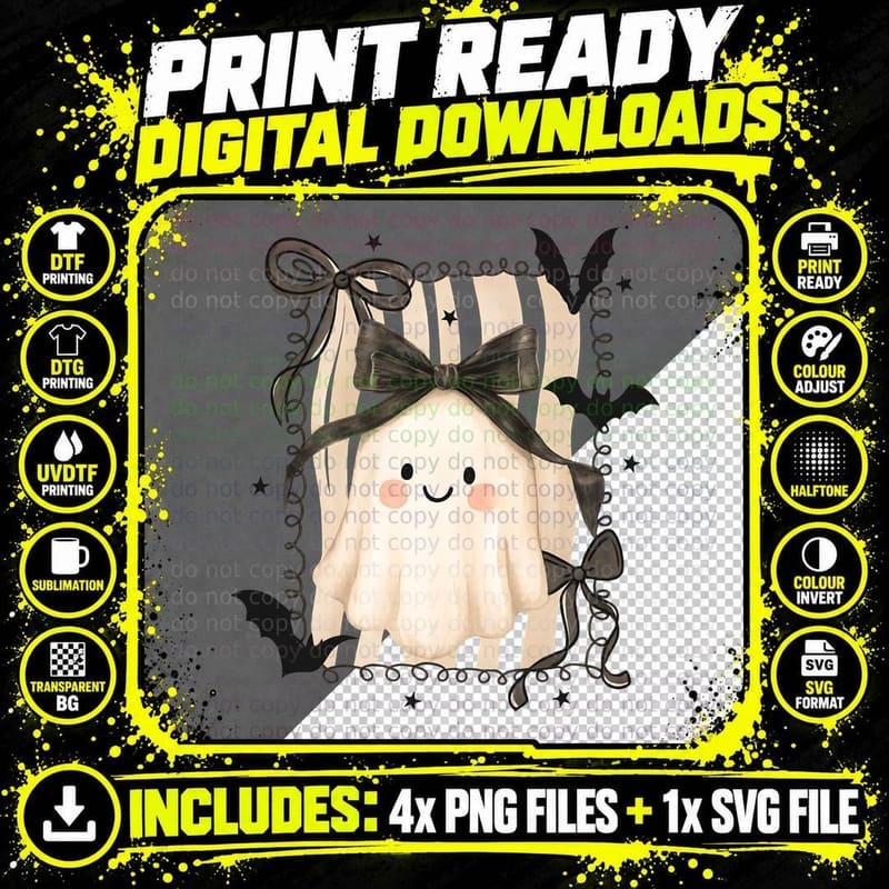 Cute Ghost Bows Ribbons Halloween T-Shirt Png SVG Digital Bundle