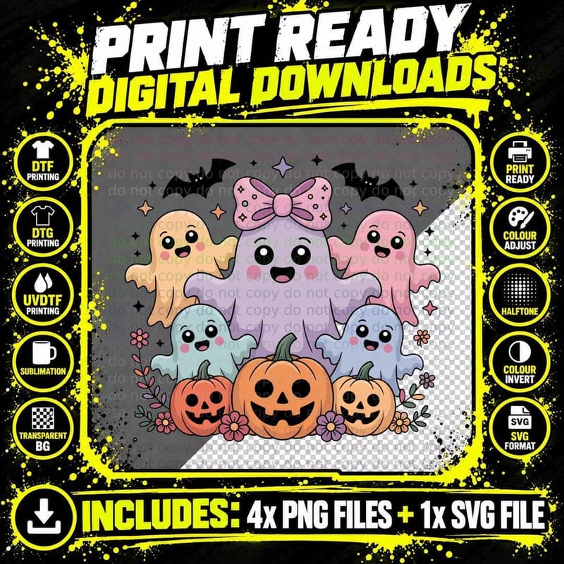 Cute Ghost Figures Pumpkin Patches Halloween T-Shirt Png SVG Digital Bundle