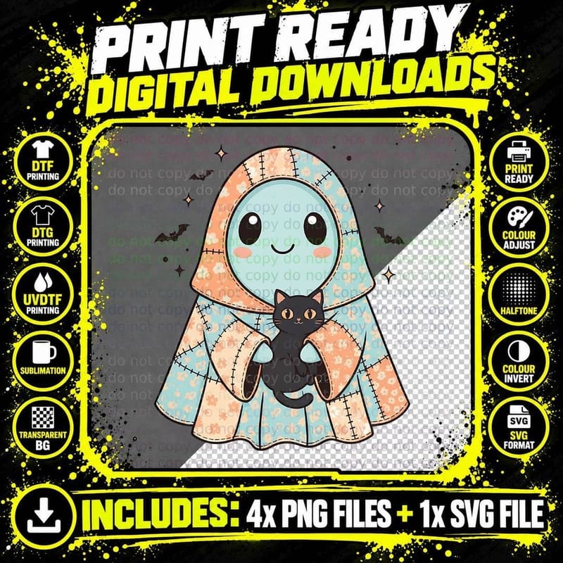 Cute Ghost with Stitched Patchwork Halloween T-Shirt Png SVG Digital Bundle
