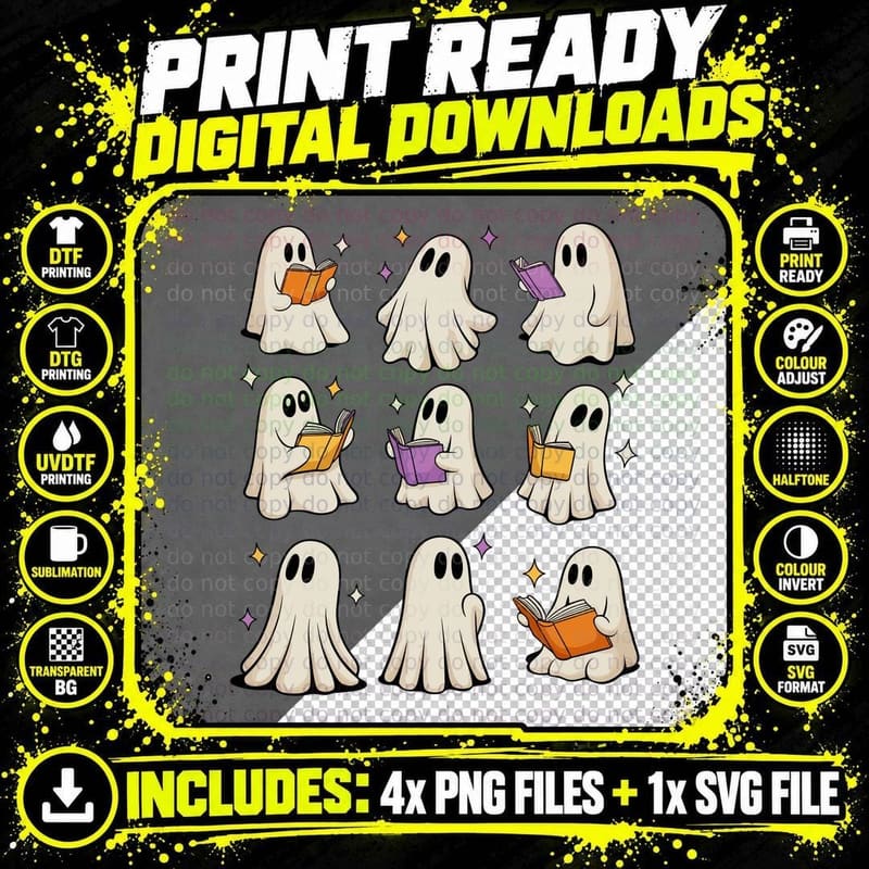 Cute Ghosts Reading Books Halloween T-Shirt Png SVG Digital Bundle