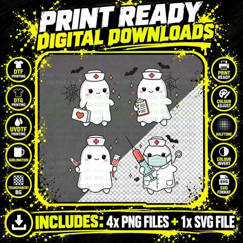 Cute Healthcare Nurse Ghosts Halloween T-Shirt Png SVG Digital Bundle