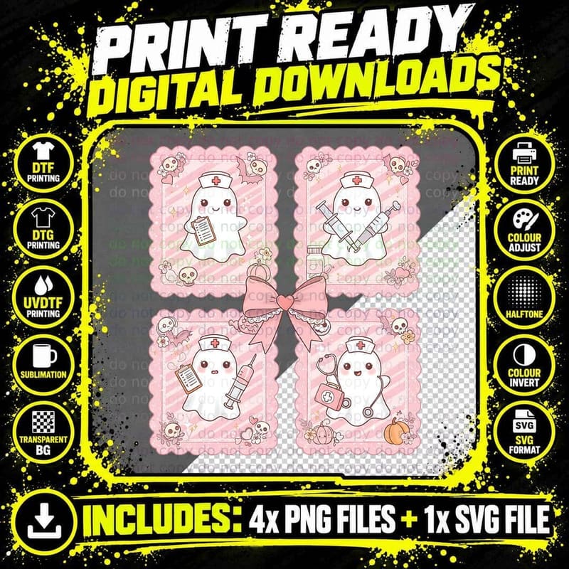 Cute Nurse Ghosts Medical Grid Halloween T-Shirt Png SVG Digital Bundle