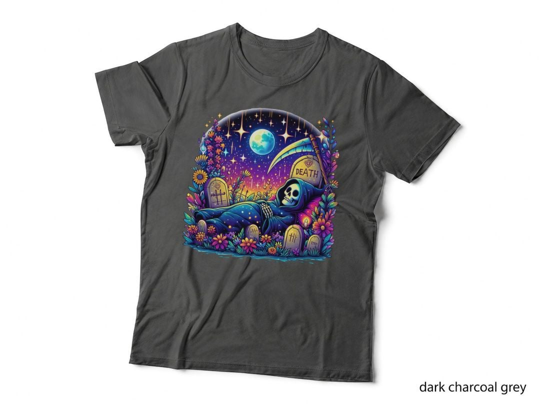 Death Funny Halloween T-Shirt, Grim Reaper Resting in a Colorful Graphic Tee