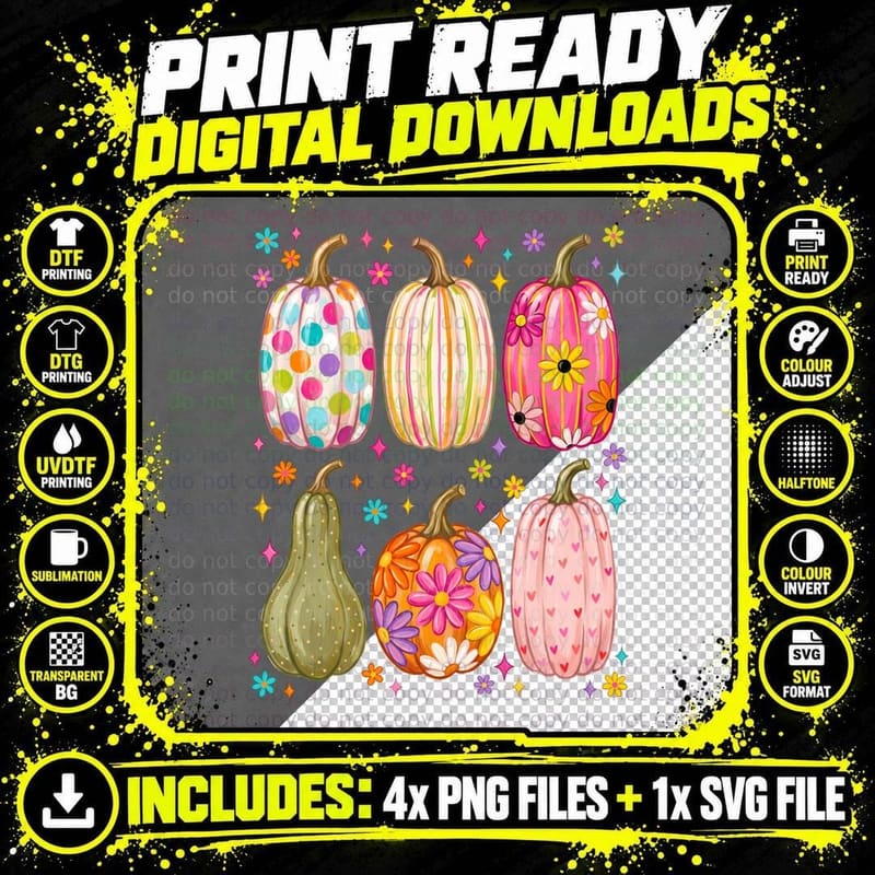 Decorated Pumpkins Patterns Flowers Colorful Halloween Png SVG Digital Bundle