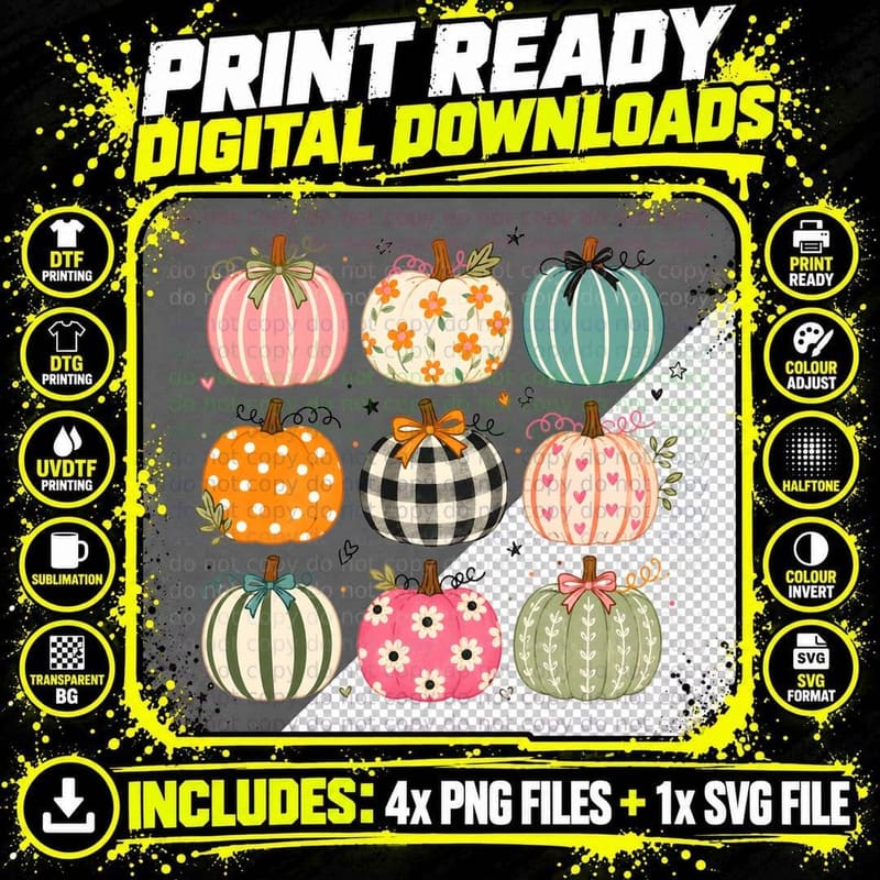 Decorated Pumpkins Patterns Hearts Stripes Halloween Png SVG Digital Bundle