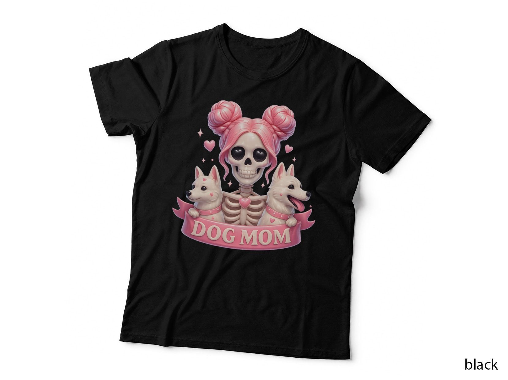 Dog Mom Funny Dog T-Shirt, Skeleton with Pink Hair and Dogs Graphic Tee
