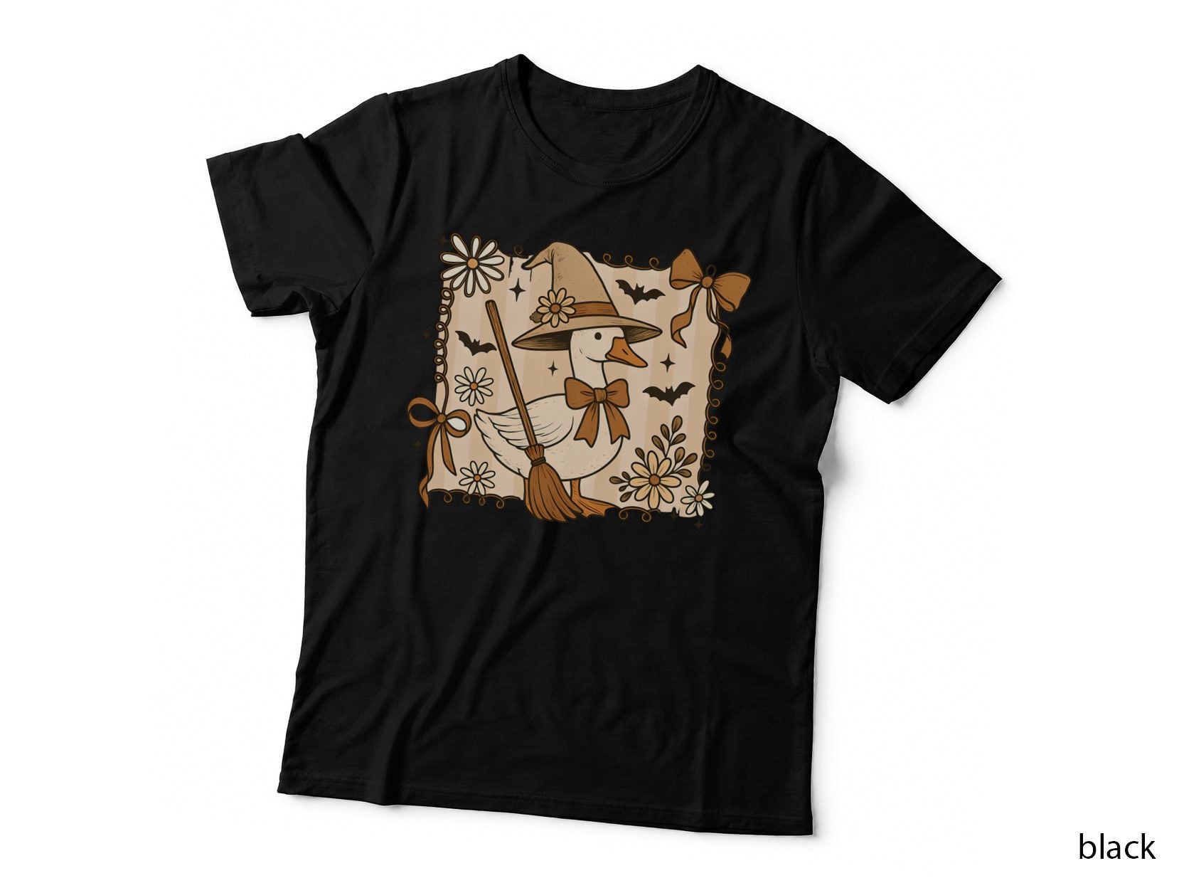 Duck Witch Broomstick Flowers Halloween T-Shirt, Spooky Season Graphic Tee