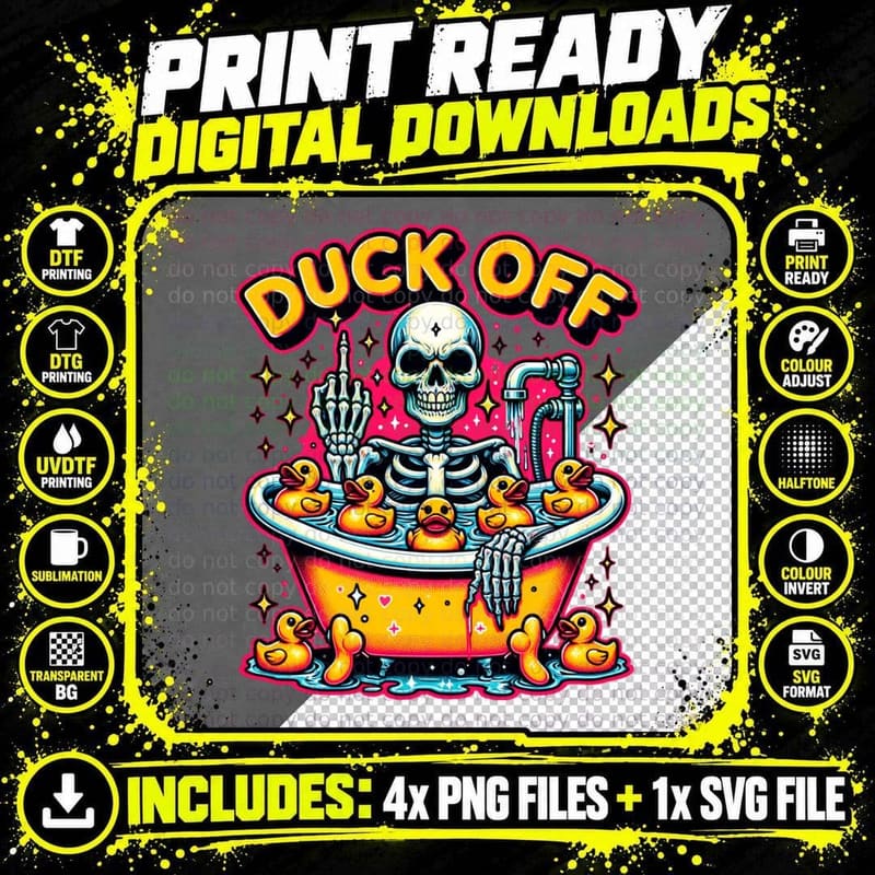 Duck off Funny Skull T-Shirt, Skeleton in Bathtub with Png SVG Digital Bundle