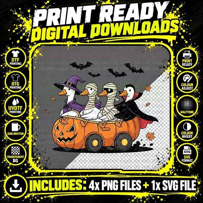 Ducks in Halloween Costumes Riding Pumpkin Car Funny Png SVG Digital Bundle