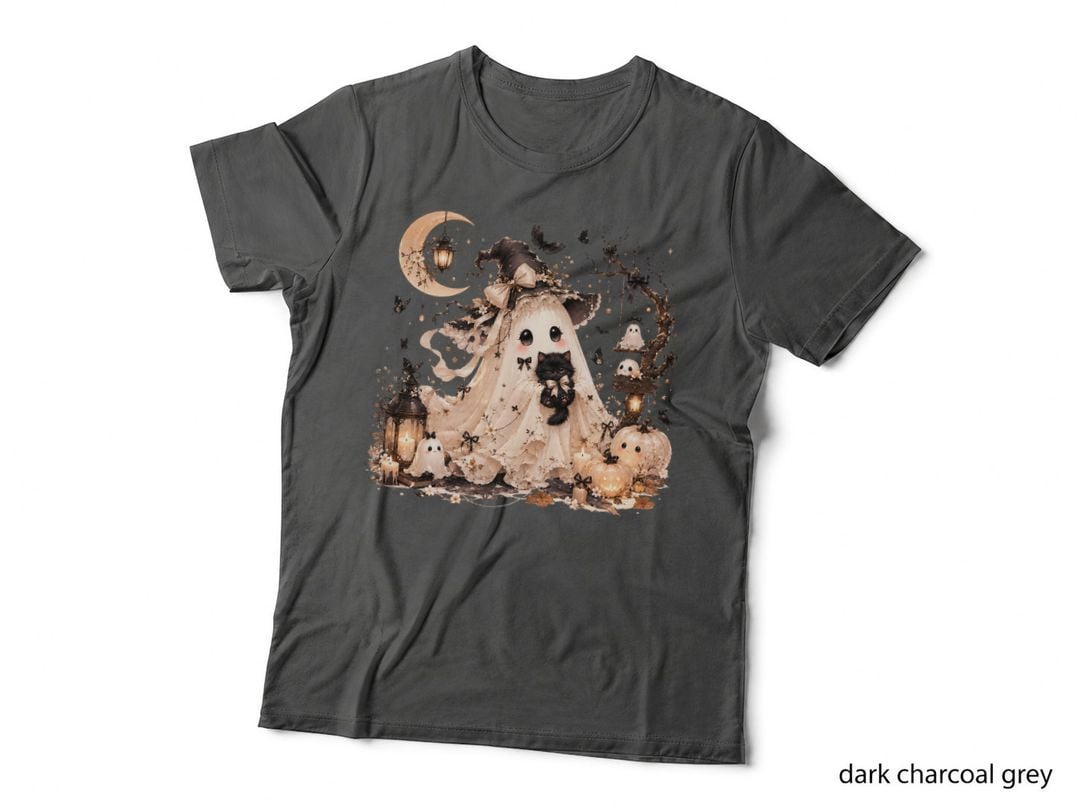 Elegant Ghost Black Cat Halloween T-Shirt, Spooky Season Graphic Tee