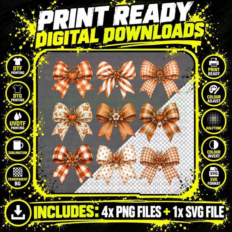 Fall Plaid Ribbon Bows Halloween T-Shirt Png SVG Digital Bundle