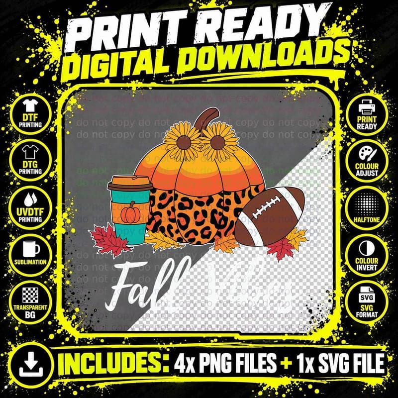 Fall Vibes Football T-Shirt, Leopard Pumpkin Coffee Png SVG Digital Bundle
