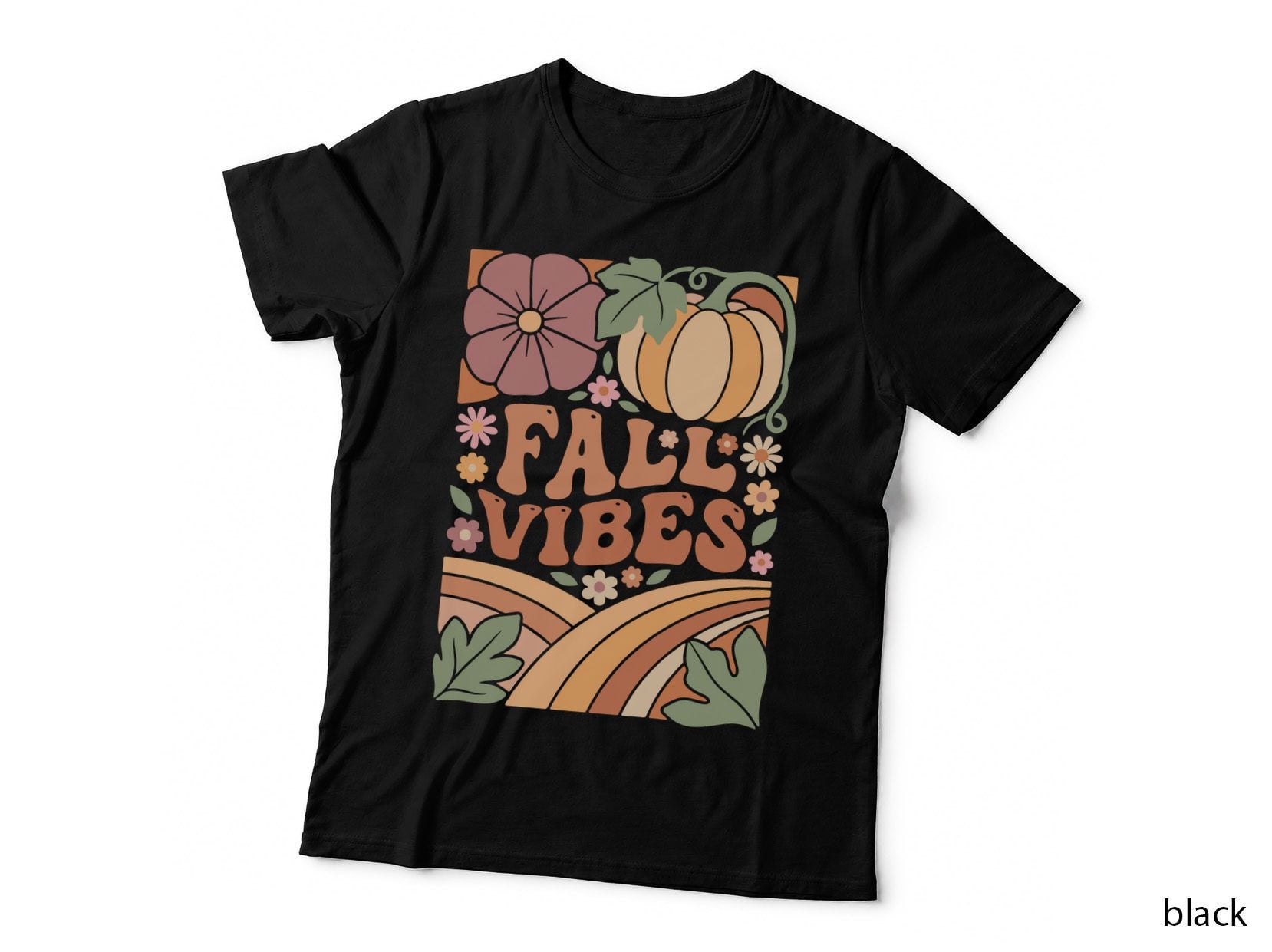 Fall Vibes Halloween T-Shirt, Pumpkin Flowers Colorful Rainbow Spooky Tee