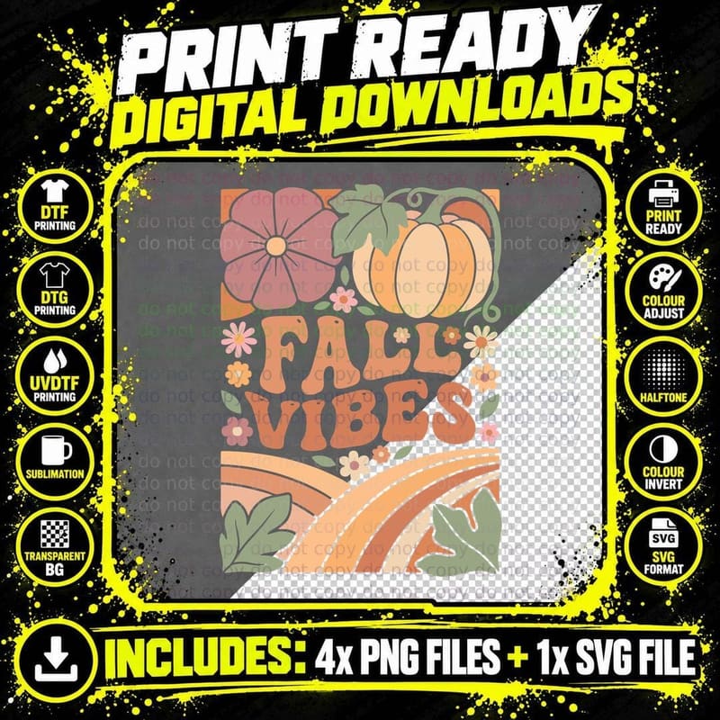 Fall Vibes Halloween T-Shirt, Pumpkin Flowers Colorful Png SVG Digital Bundle
