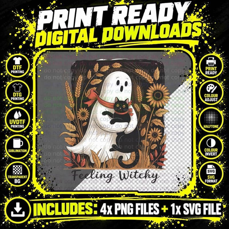 Feeling Witchy Halloween T-Shirt, Ghost Black Cat Leaves Png SVG Digital Bundle