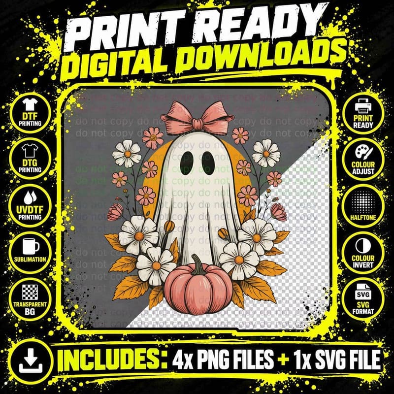 Feminine Ghost Pink Bow Autumn Flowers Halloween T-Shirt Png SVG Digital Bundle