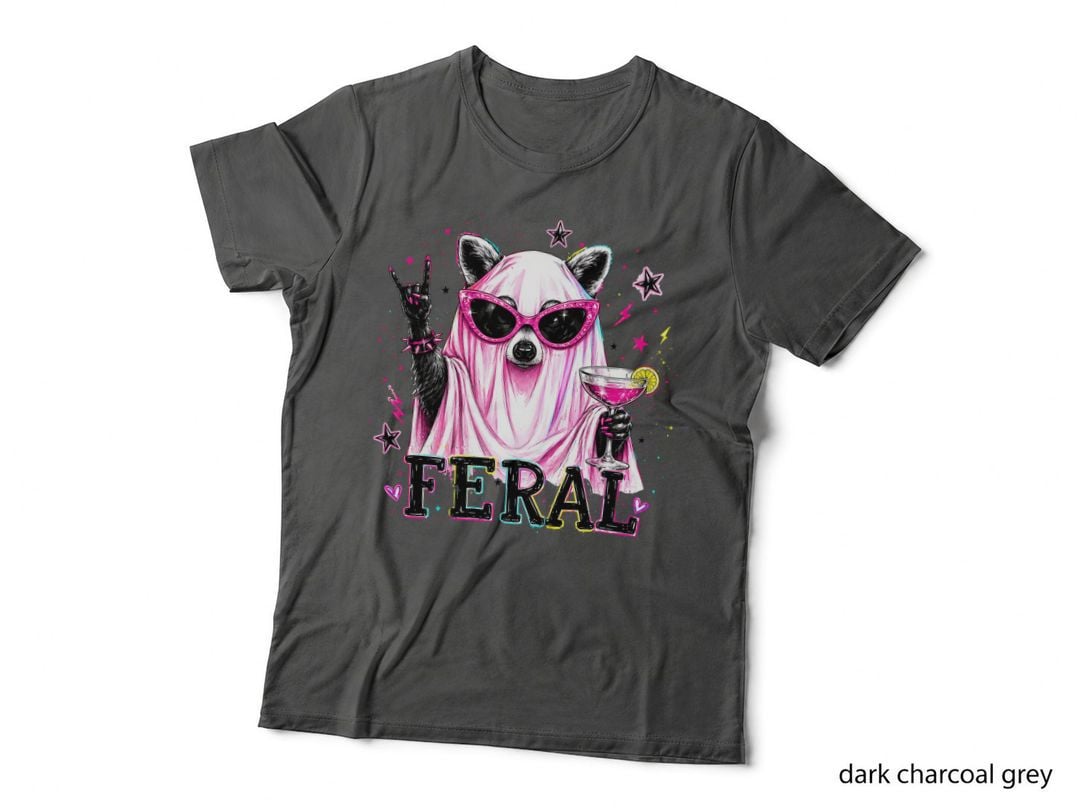Feral Funny Halloween T-Shirt, Rockin' Raccoon with Cocktail Graphic Tee