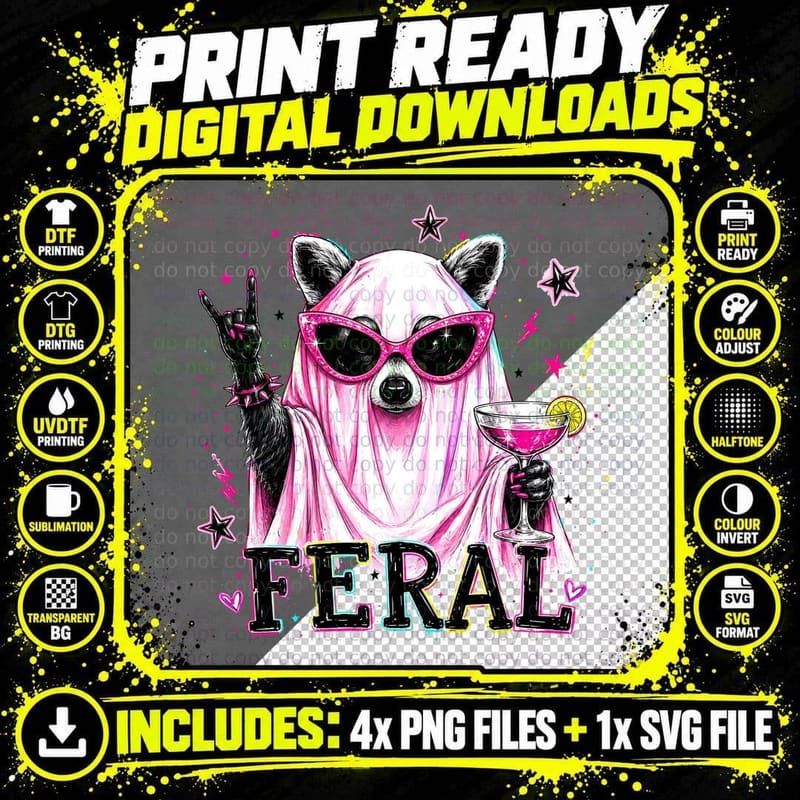 Feral Funny Halloween T-Shirt, Rockin' Raccoon with Png SVG Digital Bundle