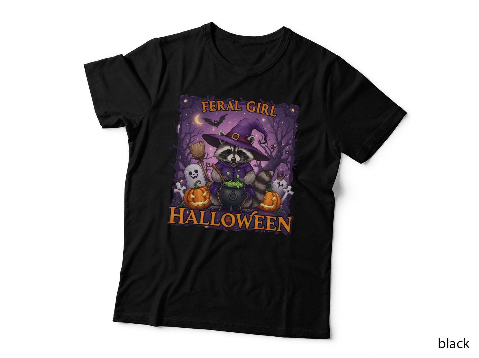Feral Girl Halloween T-Shirt, Raccoon Witch Feral Magic Spooky Tee