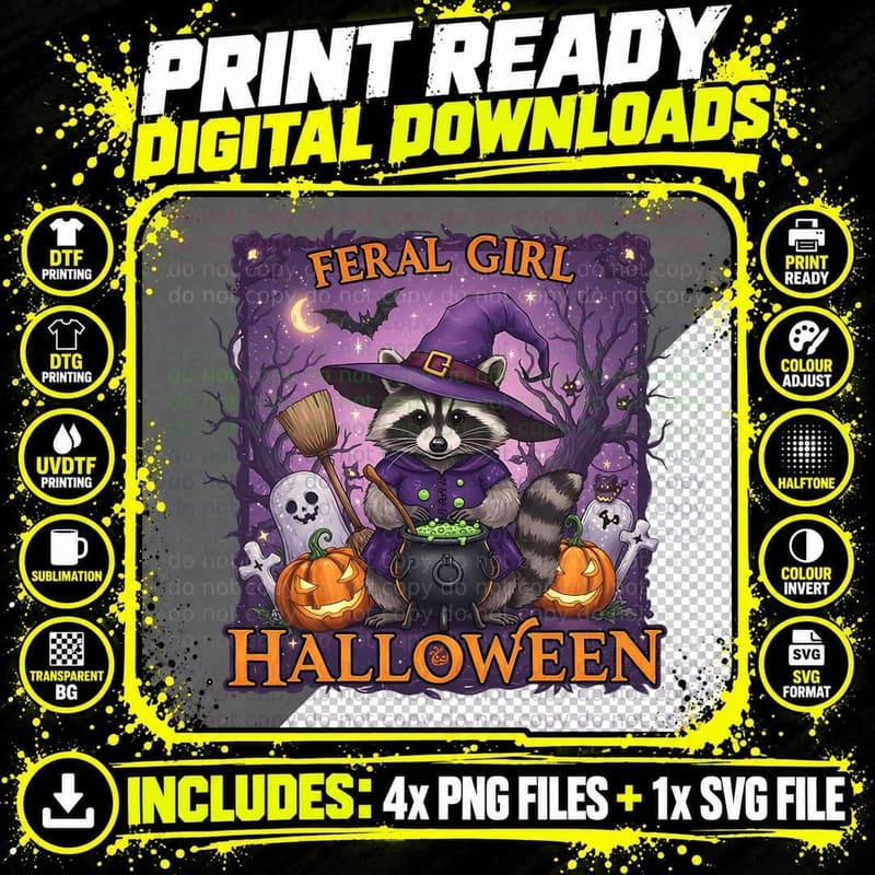Feral Girl Halloween T-Shirt, Raccoon Witch Feral Magic Png SVG Digital Bundle