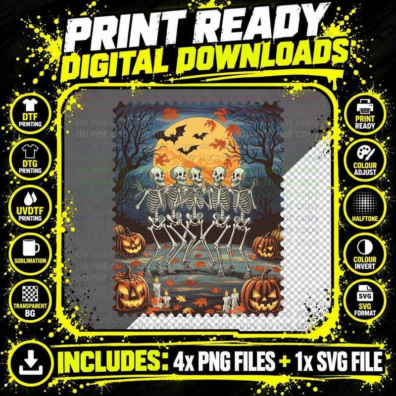 Five Skeletons Dancing Together Halloween T-Shirt Png SVG Digital Bundle