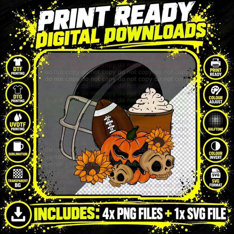 Football Helmet Pumpkin Skulls Sunflowers Football Png SVG Digital Bundle