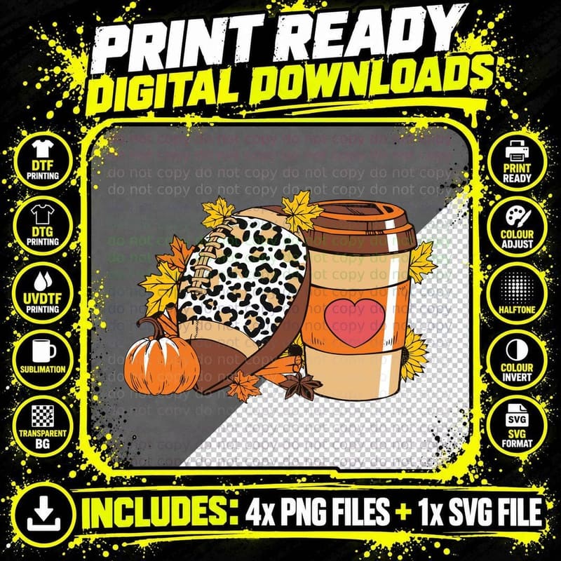 Football Pumpkin Coffee Autumn Leaves Football T-Shirt Png SVG Digital Bundle