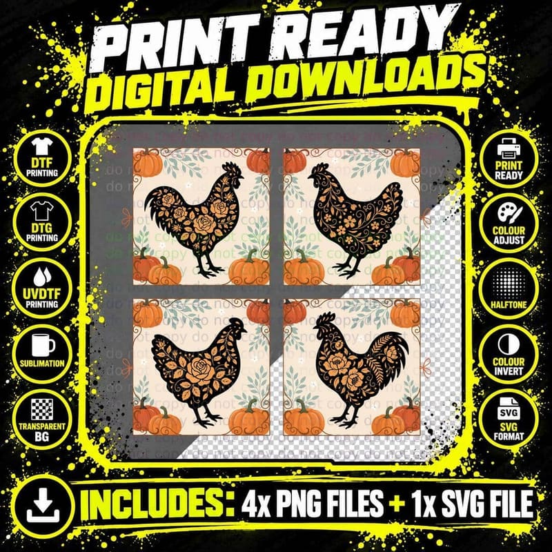 Four Panel Roosters Floral Silhouette Pumpkins Halloween Png SVG Digital Bundle