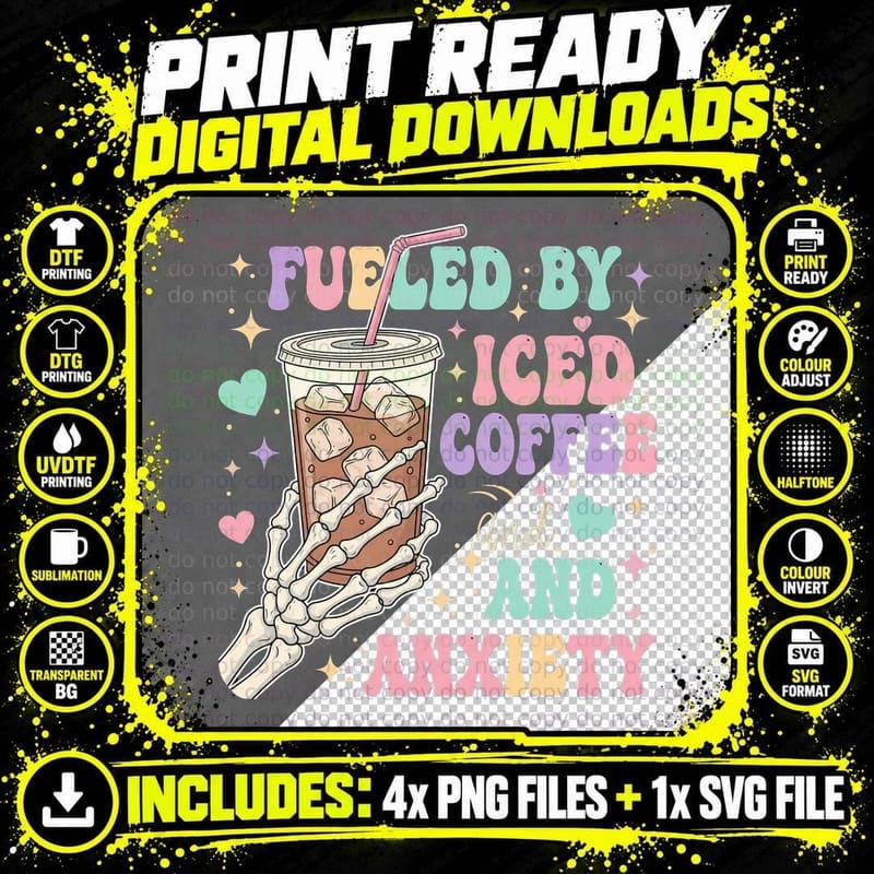 Fueled by Iced Coffee and Anxiety Funny Skull T-Shirt Png SVG Digital Bundle
